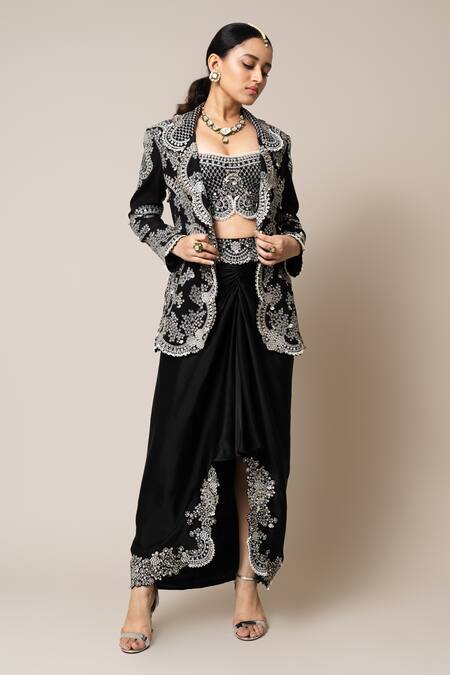 Buy_Nupur Kanoi_Black Crepe, Satin Pearls, Stones, Sequins Hand Embroidered Blazer Skirt Set _Online_at_Aza_Fashions