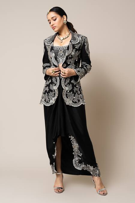 Shop_Nupur Kanoi_Black Crepe, Satin Pearls, Stones, Sequins Hand Embroidered Blazer Skirt Set _Online_at_Aza_Fashions