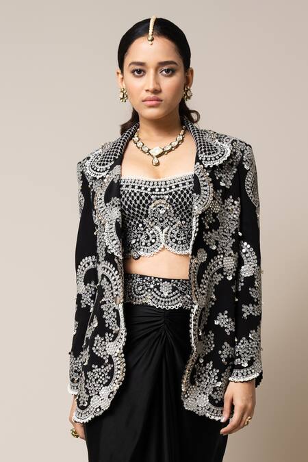 Nupur Kanoi_Black Crepe, Satin Pearls, Stones, Sequins Hand Embroidered Blazer Skirt Set _at_Aza_Fashions