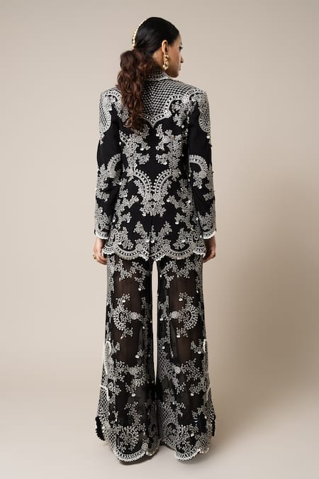 Shop_Nupur Kanoi_Black Crepe, Georgette Mirrors, Pearls, Hand Embroidered Blazer Pant Set _at_Aza_Fashions