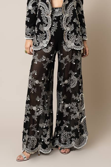 Nupur Kanoi_Black Crepe, Georgette Mirrors, Pearls, Hand Embroidered Blazer Pant Set _Online_at_Aza_Fashions