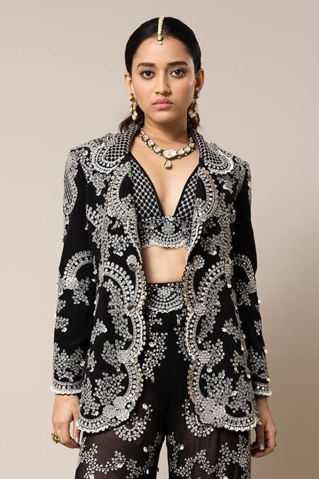 Buy_Nupur Kanoi_Black Crepe, Georgette Mirrors, Pearls, Hand Embroidered Blazer Pant Set _Online_at_Aza_Fashions
