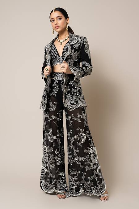 Shop_Nupur Kanoi_Black Crepe, Georgette Mirrors, Pearls, Hand Embroidered Blazer Pant Set _Online_at_Aza_Fashions