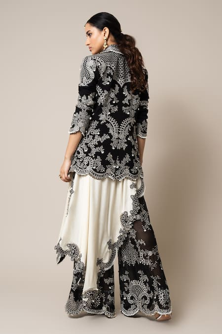 Shop_Nupur Kanoi_Black Crepe, Silk, Georgette Mirrors, Pearls, Embroidered Blazer Flared Pant Set _at_Aza_Fashions