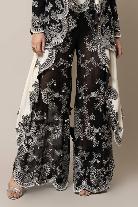 Nupur Kanoi_Black Crepe, Silk, Georgette Mirrors, Pearls, Embroidered Blazer Flared Pant Set _Online_at_Aza_Fashions