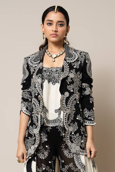 Buy_Nupur Kanoi_Black Crepe, Silk, Georgette Mirrors, Pearls, Embroidered Blazer Flared Pant Set _Online_at_Aza_Fashions