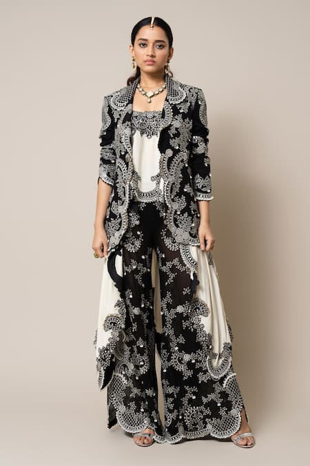 Shop_Nupur Kanoi_Black Crepe, Silk, Georgette Mirrors, Pearls, Embroidered Blazer Flared Pant Set _Online_at_Aza_Fashions