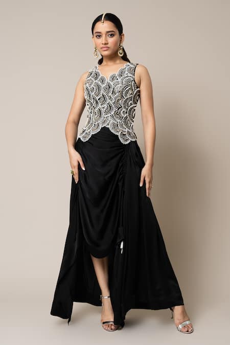 Nupur Kanoi Black Waistcoat Crepe Embroidery Mirror Scallop And Gathered Skirt Set  