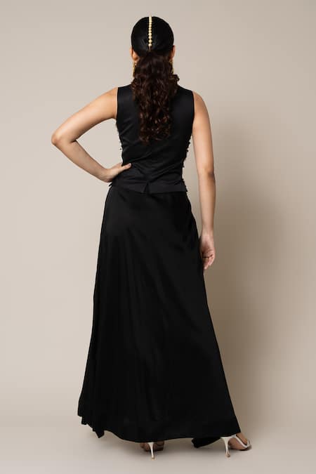 Shop_Nupur Kanoi_Black Crepe, Satin Mirrors, Scallop Embroidered Waistcoat And Gathered Skirt Set _at_Aza_Fashions