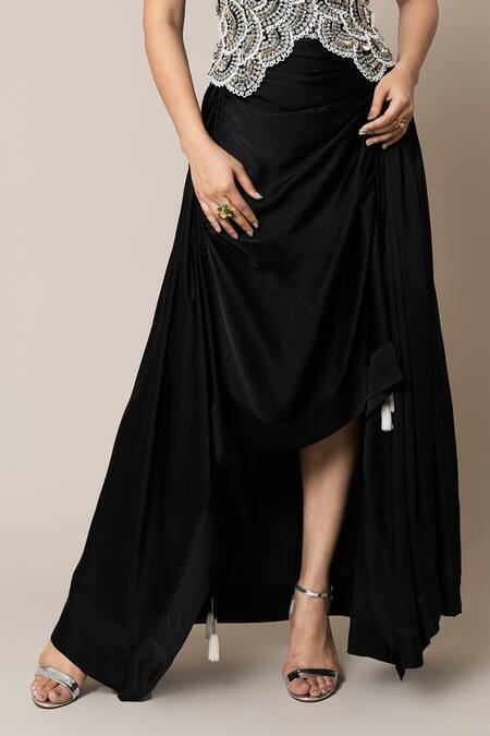 Nupur Kanoi_Black Crepe, Satin Mirrors, Scallop Embroidered Waistcoat And Gathered Skirt Set _Online_at_Aza_Fashions