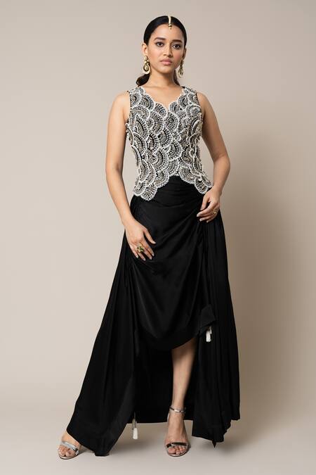 Buy_Nupur Kanoi_Black Crepe, Satin Mirrors, Scallop Embroidered Waistcoat And Gathered Skirt Set _Online_at_Aza_Fashions