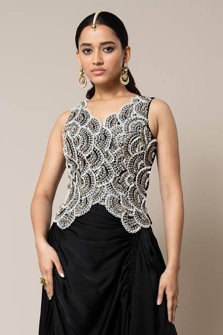 Shop_Nupur Kanoi_Black Crepe, Satin Mirrors, Scallop Embroidered Waistcoat And Gathered Skirt Set _Online_at_Aza_Fashions