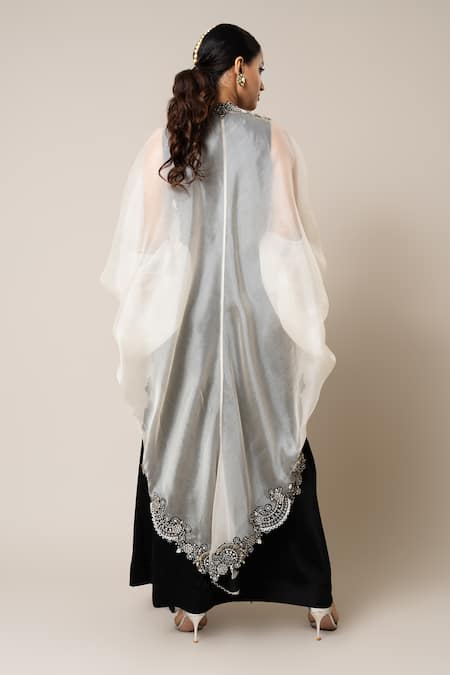 Shop_Nupur Kanoi_Off White Satin, Crepe Sequins, Scallop Embroidered Cape Gathered Skirt Set _at_Aza_Fashions