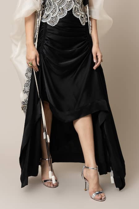 Nupur Kanoi_Off White Satin, Crepe Sequins, Scallop Embroidered Cape Gathered Skirt Set _Online_at_Aza_Fashions