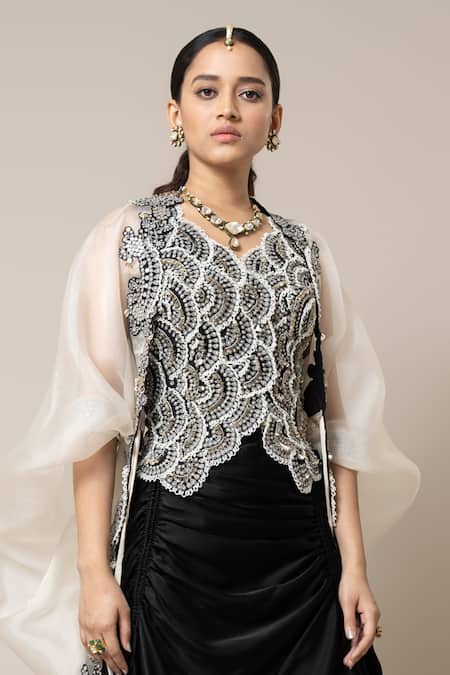 Buy_Nupur Kanoi_Off White Satin, Crepe Sequins, Scallop Embroidered Cape Gathered Skirt Set _Online_at_Aza_Fashions