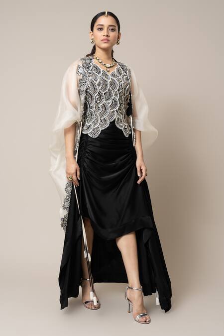 Shop_Nupur Kanoi_Off White Satin, Crepe Sequins, Scallop Embroidered Cape Gathered Skirt Set _Online_at_Aza_Fashions