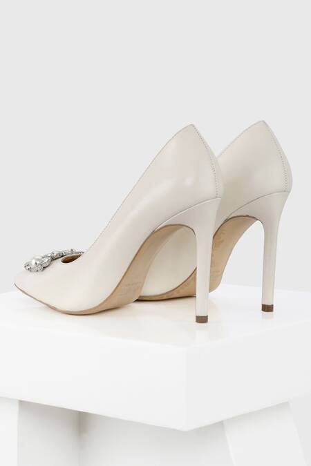 Shop Oroh White Pearls, Crystals Embellished Pencil Heels at Aza Fashions Shop_Oroh_White Pearls, Crystals Embellished Pencil Heels_at_Aza_Fashions