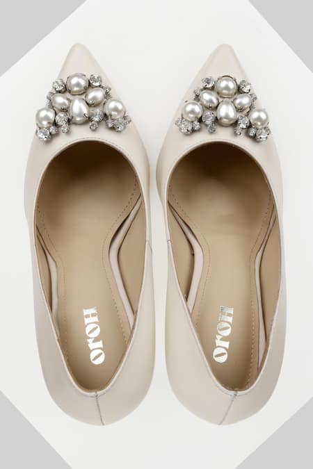 Oroh White Pearls, Crystals Embellished Pencil Heels Online at Aza Fashions Oroh_White Pearls, Crystals Embellished Pencil Heels_Online_at_Aza_Fashions
