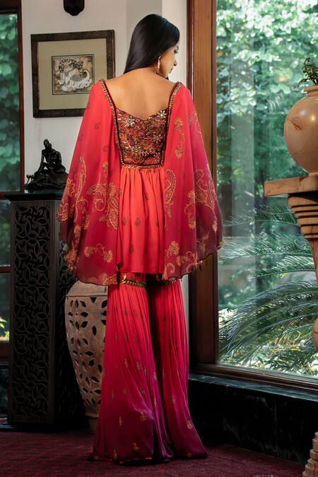 Shop Shashank Arya Orange Chanderi, Cotton Sequins, Jamewar Print Ombre Short Kurta With Sharara at Aza Fashions Shop_Shashank Arya_Orange Chanderi, Cotton Sequins, Jamewar Print Ombre Short Kurta With Sharara_at_Aza_Fashions