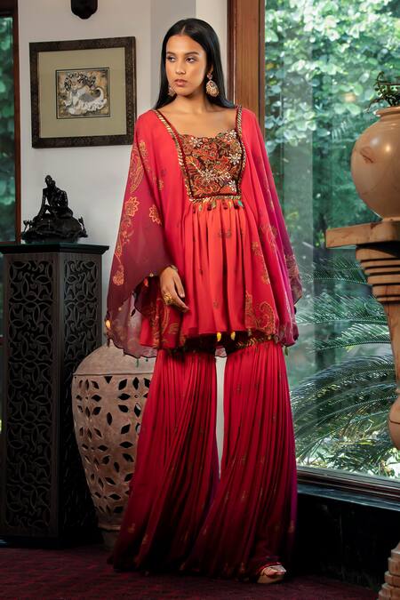 Shashank Arya Orange Chanderi, Cotton Sequins, Jamewar Print Ombre Short Kurta With Sharara Online at Aza Fashions Shashank Arya_Orange Chanderi, Cotton Sequins, Jamewar Print Ombre Short Kurta With Sharara_Online_at_Aza_Fashions
