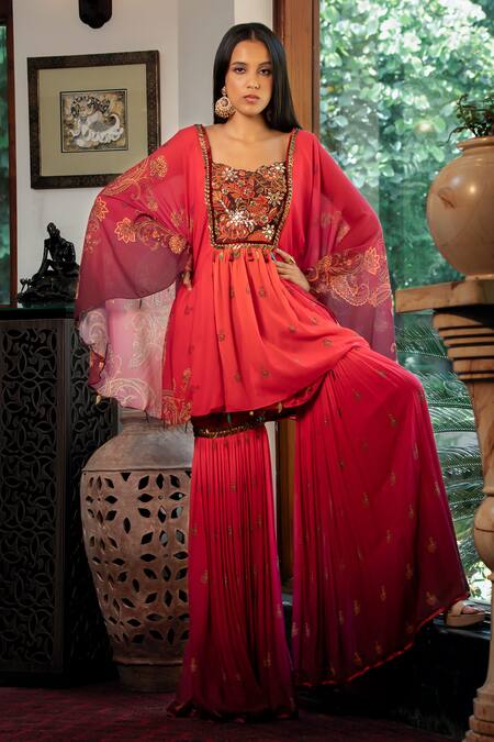 Buy Shashank Arya Orange Chanderi, Cotton Sequins, Jamewar Print Ombre Short Kurta With Sharara Online at Aza Fashions Buy_Shashank Arya_Orange Chanderi, Cotton Sequins, Jamewar Print Ombre Short Kurta With Sharara_Online_at_Aza_Fashions