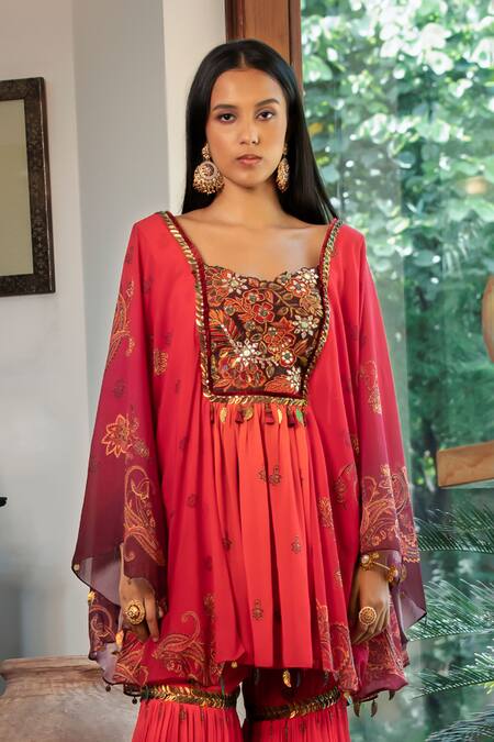 Shop Shashank Arya Orange Chanderi, Cotton Sequins, Jamewar Print Ombre Short Kurta With Sharara Online at Aza Fashions Shop_Shashank Arya_Orange Chanderi, Cotton Sequins, Jamewar Print Ombre Short Kurta With Sharara_Online_at_Aza_Fashions