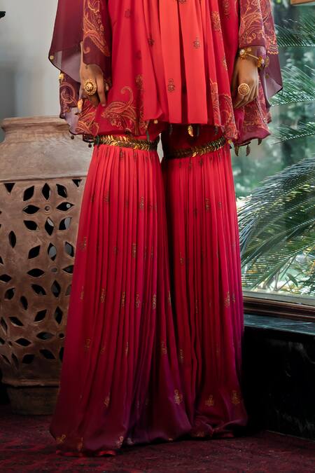 Shashank Arya Orange Chanderi, Cotton Sequins, Jamewar Print Ombre Short Kurta With Sharara at Aza Fashions Shashank Arya_Orange Chanderi, Cotton Sequins, Jamewar Print Ombre Short Kurta With Sharara_at_Aza_Fashions