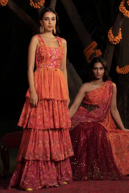 Shop_Shashank Arya_Orange Satin, Chiffon, Georgette Sequins, Embroidery Ombre Printed Tiered Gown_Online_at_Aza_Fashions