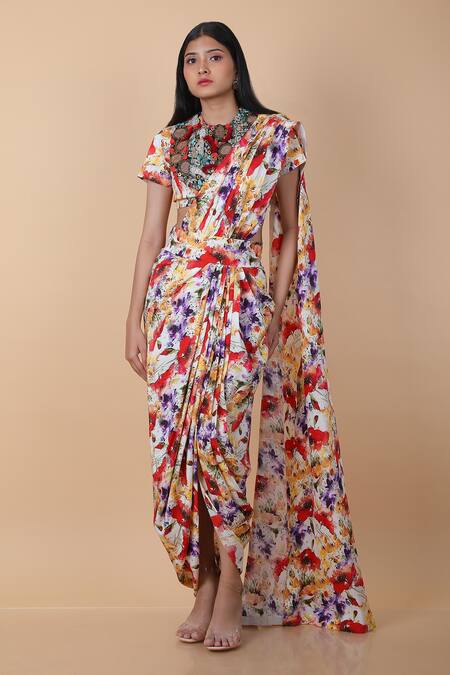 Anamika Khanna_Multi Color Cotton, Georgette Floral Print Draped Dhoti Saree With Blouse_Online_at_Aza_Fashions