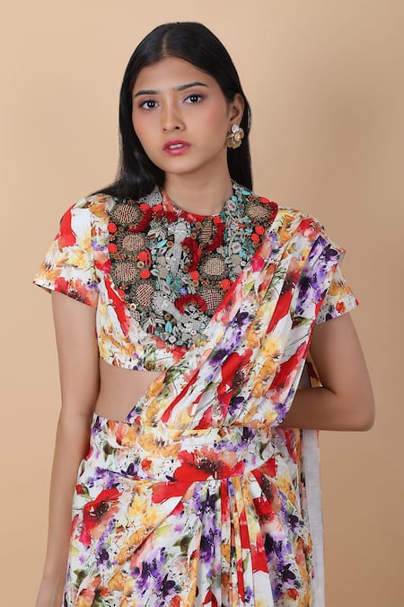 Buy_Anamika Khanna_Multi Color Cotton, Georgette Floral Print Draped Dhoti Saree With Blouse_Online_at_Aza_Fashions