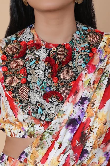 Shop_Anamika Khanna_Multi Color Cotton, Georgette Floral Print Draped Dhoti Saree With Blouse_Online_at_Aza_Fashions