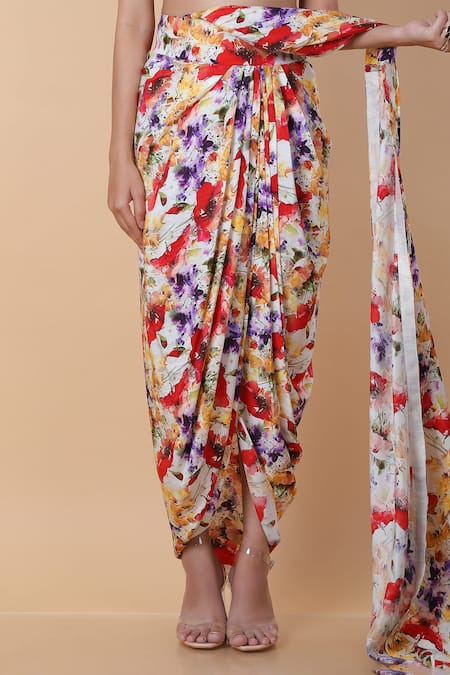 Anamika Khanna_Multi Color Cotton, Georgette Floral Print Draped Dhoti Saree With Blouse_at_Aza_Fashions