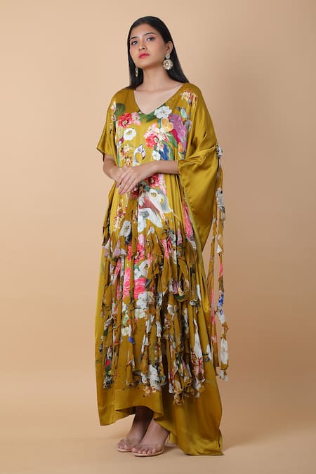 Buy_Anamika Khanna_Multi Color Silk V-neck Botanic Print Kaftan_Online_at_Aza_Fashions