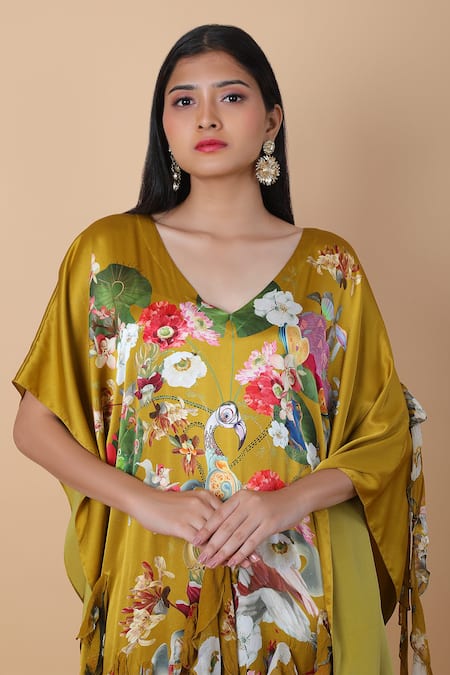 Anamika Khanna_Multi Color Silk V-neck Botanic Print Kaftan_at_Aza_Fashions