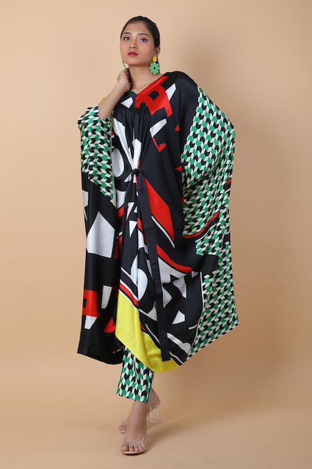 Anamika Khanna_Multi Color Silk V-neck Printed Knotted Kaftan And Pant Set_Online_at_Aza_Fashions