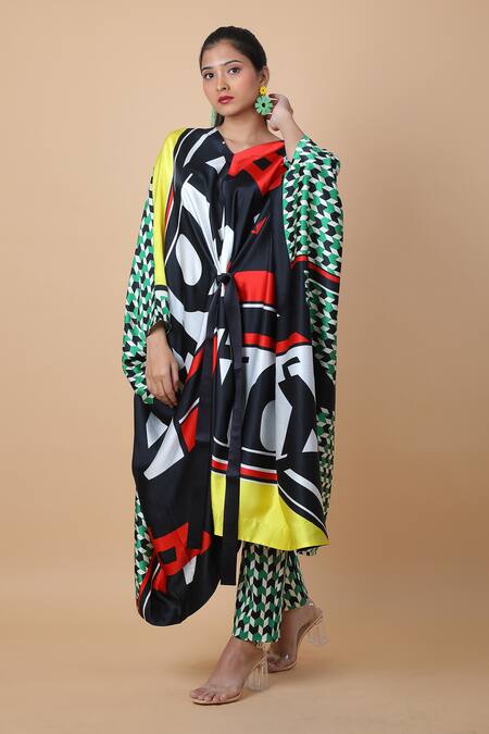 Buy_Anamika Khanna_Multi Color Silk V-neck Printed Knotted Kaftan And Pant Set_Online_at_Aza_Fashions