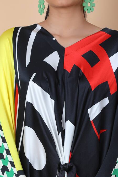 Shop_Anamika Khanna_Multi Color Silk V-neck Printed Knotted Kaftan And Pant Set_Online_at_Aza_Fashions