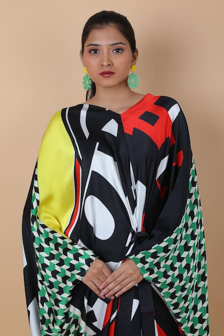 Buy_Anamika Khanna_Multi Color Silk V-neck Printed Knotted Kaftan And Pant Set