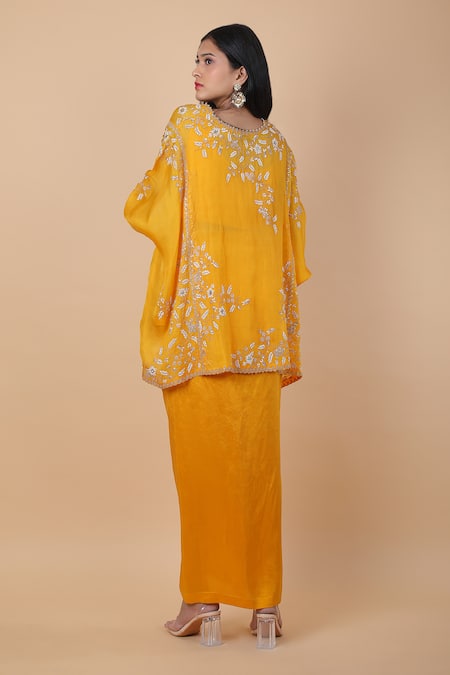 Anamika Khanna Floral Embroidered Kaftan Top & Draped Skirt Set 