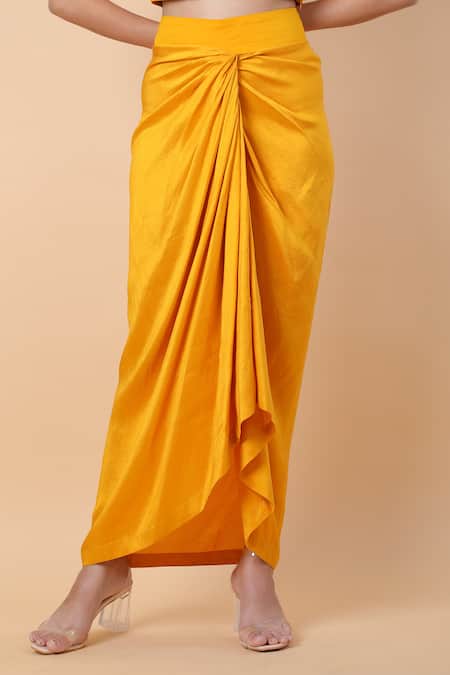 Buy_Anamika Khanna_Yellow Cotton Embroidery V-neck, Round Floral Kaftan Top And Draped Skirt Set _Online_at_Aza_Fashions