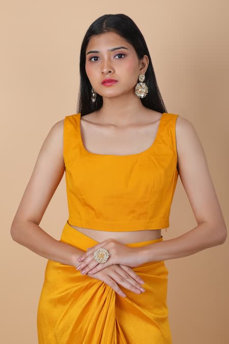 Shop_Anamika Khanna_Yellow Cotton Embroidery V-neck, Round Floral Kaftan Top And Draped Skirt Set _Online_at_Aza_Fashions