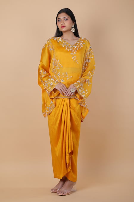 Buy_Anamika Khanna_Yellow Cotton Embroidery V-neck, Round Floral Kaftan Top And Draped Skirt Set 