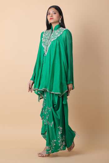 Anamika Khanna_Green Chiffon Pearls, Embroidery Mandarin Floral Tunic And Draped Skirt Set _Online_at_Aza_Fashions