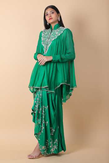 Buy_Anamika Khanna_Green Chiffon Pearls, Embroidery Mandarin Floral Tunic And Draped Skirt Set _Online_at_Aza_Fashions