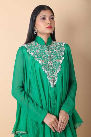 Shop_Anamika Khanna_Green Chiffon Pearls, Embroidery Mandarin Floral Tunic And Draped Skirt Set _Online_at_Aza_Fashions
