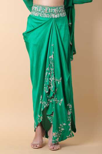 Anamika Khanna_Green Chiffon Pearls, Embroidery Mandarin Floral Tunic And Draped Skirt Set _at_Aza_Fashions