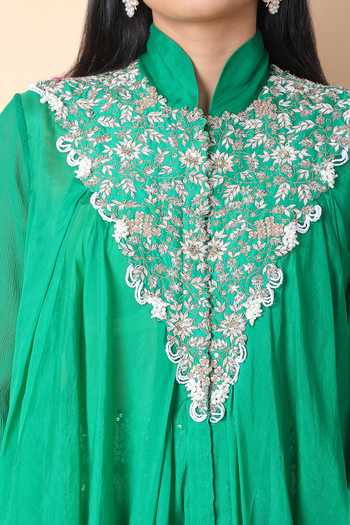 Buy_Anamika Khanna_Green Chiffon Pearls, Embroidery Mandarin Floral Tunic And Draped Skirt Set 