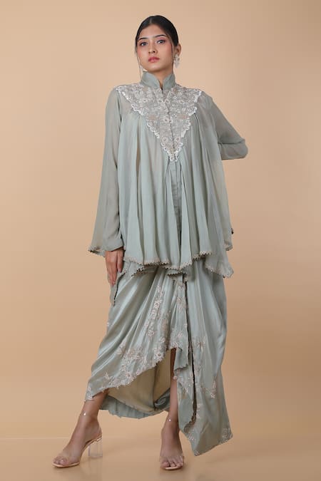 Anamika Khanna Floral Embroidered Tunic & Draped Skirt Set 