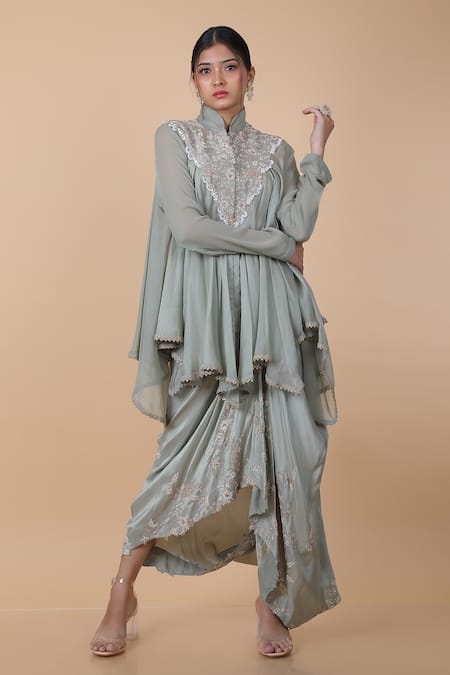 Anamika Khanna_Grey Chiffon, Silk Pearls, Embroidery Mandarin Floral Tunic And Draped Skirt Set_Online_at_Aza_Fashions