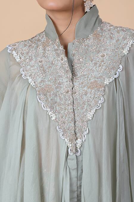 Shop_Anamika Khanna_Grey Chiffon, Silk Pearls, Embroidery Mandarin Floral Tunic And Draped Skirt Set_Online_at_Aza_Fashions